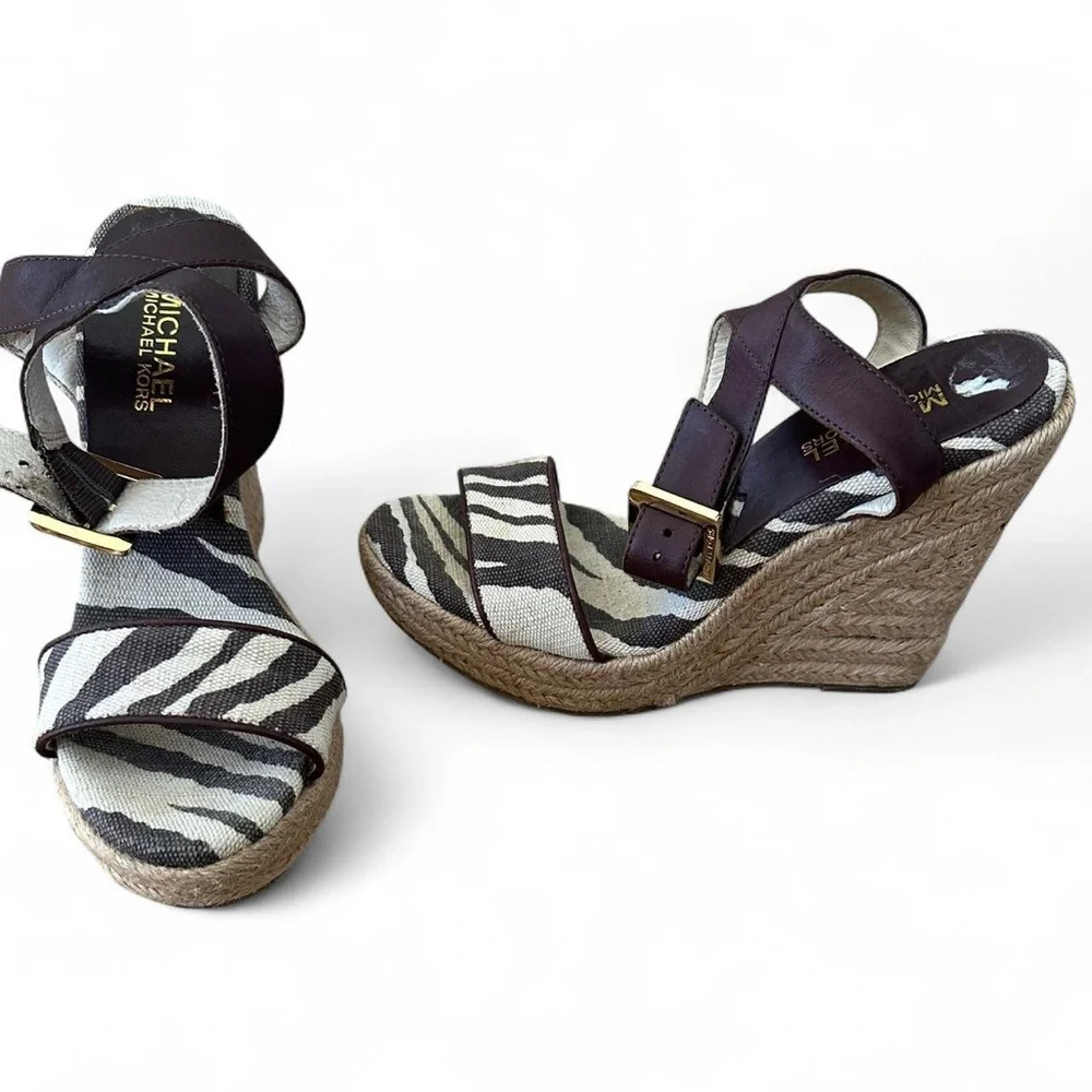 Michael Kors Zebra Print Espadrilles Wedge Ankle Strap High Heels Size: 6